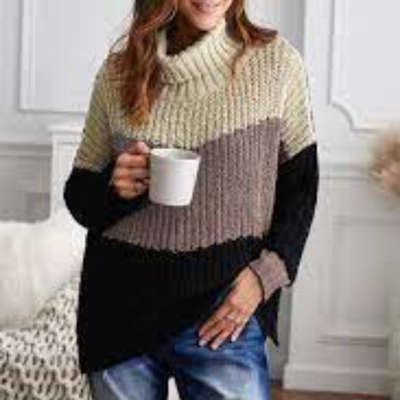 Khaki Cowl Neck Colorblock Cable Knit Sweater sm/m - Picture 1 of 4